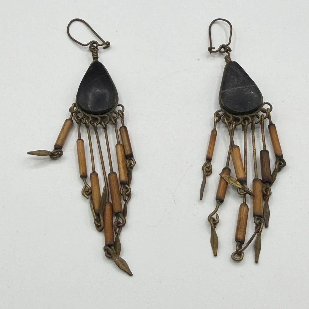 Black Teardrop Wood Bead Brass Tone Chandelier Dangle Boho Earrings Pierced Gift
